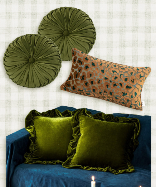 Eclectic green velvet throw pillows with ruffle details and vintage-inspired textures