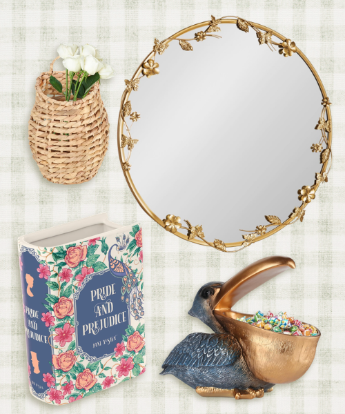 Quirky cottagecore home decor including floral mirror, woven wall basket, Pride and Prejudice book vase, and pelican candy dish