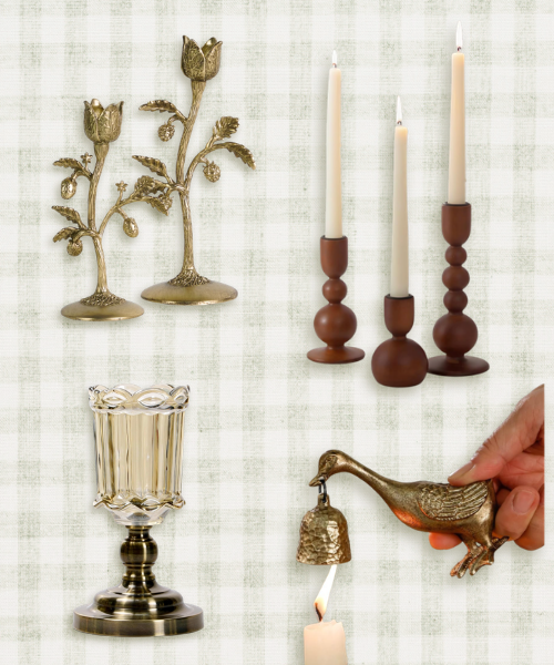 Whimsical candle decor featuring brass floral candle holders, wood candlesticks, glass candle holder, and brass goose candle snuffer
